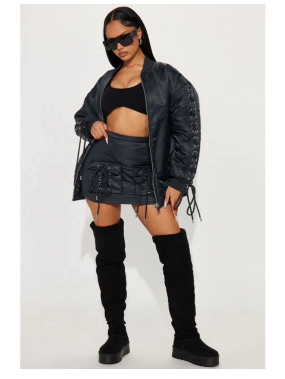 Fashion nova Roxxy Puffer Skirt Set - Charcoal nwt size L